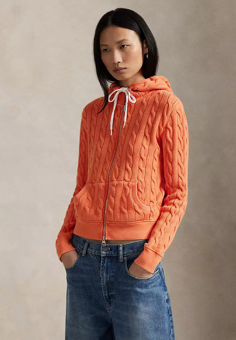 Kapuzensweatjacke aus Baumwolle im Zopfstrick